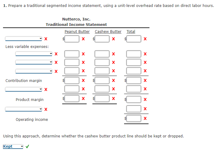 1. Prepare a traditional segmented income statement, using a unit-level overhead rate based on direct labor hours.
Nutterco, Inc.
Traditional Income Statement
Peanut Butter Cashew Butter Total
X
X
X
Less variable expenses:
X
X
Contribution margin
X
X
X
Product margin
$
X
X
X
X
X
Operating income
Using this approach, determine whether the cashew butter product line should be kept or dropped.
Kept
X
X
X
X
X
X
X
X
X X
X
X
X
Xx