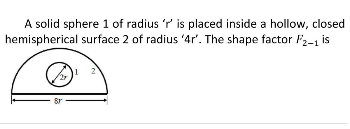A solid sphere 1 of radius 'r' is placed inside a hollow, closed
hemispherical surface 2 of radius '4r'. The shape factor F2-1 is
2r
87"
1 2