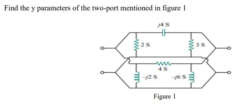Find the y parameters of the two-port mentioned in figure 1
j4 s
3S
ww
4 S
-j2 S
j6 S
Figure 1
