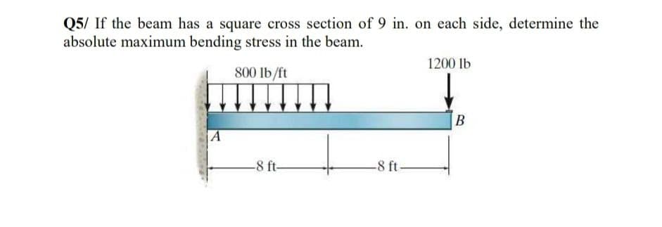 Q5/ If the beam has a square cross section of 9 in. on each side, determine the
absolute maximum bending stress in the beam.
1200 lb
800 lb/ft
B
-8 ft-
-8 ft-
