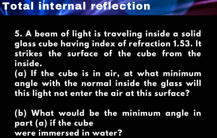 Total internal reflection
5. A beam of light is traveling inside a solid
glass cube having index of refraction 1.53. It
strikes the surface of the cube from the
inside.
(a) If the cube is in air, at what minimum
angle with the normal inside the glass will
this light not enter the air at this surface?
(b) What would be the minimum angle in
part (a) if the cube
were immersed in water?