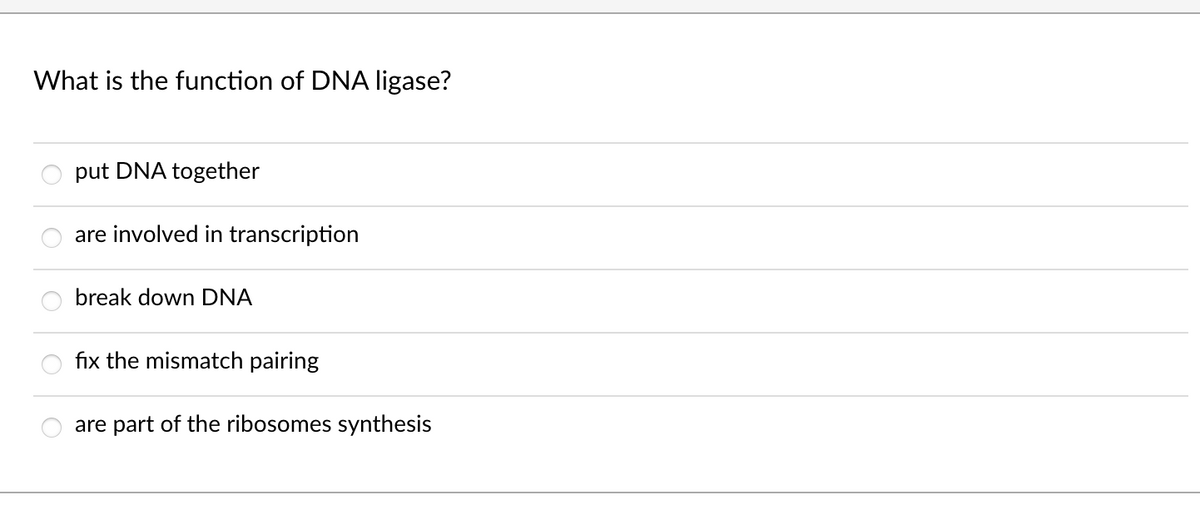 What is the function of DNA ligase?
put DNA together
are involved in transcription
break down DNA
fix the mismatch pairing
are part of the ribosomes synthesis
