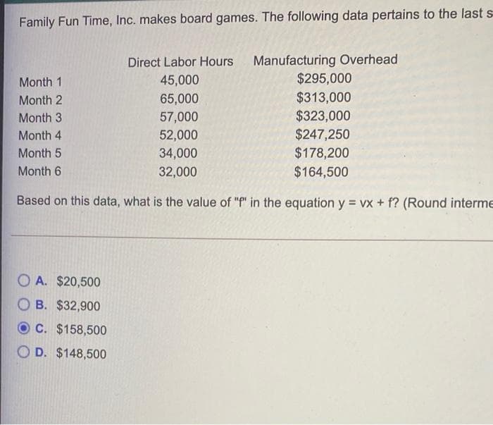 Family Fun Time, Inc. makes board games. The following data pertains to the last s-
Manufacturing Overhead
$295,000
Direct Labor Hours
Month 1
45,000
$313,000
$323,000
$247,250
$178,200
$164,500
Month 2
65,000
Month 3
57,000
Month 4
52,000
Month 5
34,000
Month 6
32,000
Based on this data, what is the value of "f" in the equation y = vx + f? (Round interme
O A. $20,500
O B. $32,900
O C. $158,500
O D. $148,500
