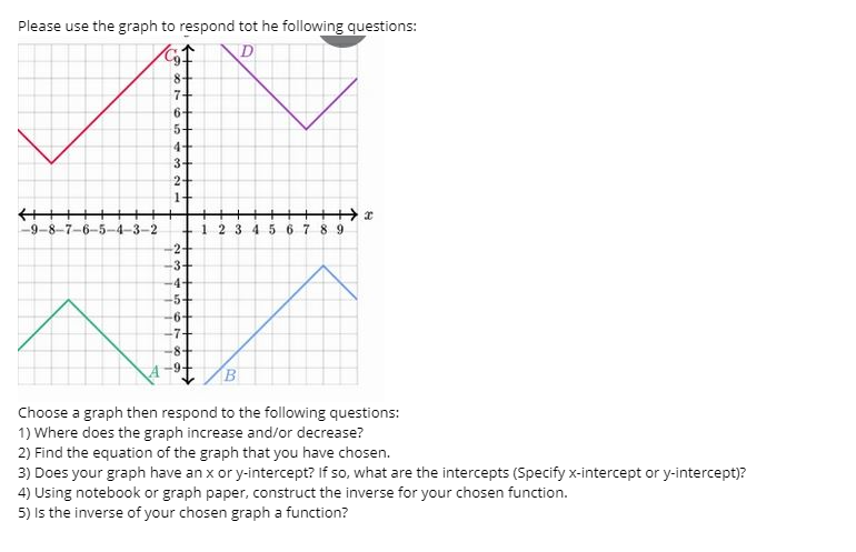 Please use the graph to respond tot he following questions:
D
8+
7+
6+
5+
4+
3+
2+
1+
-9-8-7-
-5-
1 2 3 4 5 67 8 9
-3-2
-2-
-3+
-4-
-5+
-6+
-7+
B
Choose a graph then respond to the following questions:
1) Where does the graph increase and/or decrease?
2) Find the equation of the graph that you have chosen.
3) Does your graph have an x or y-intercept? If so, what are the intercepts (Specify x-intercept or y-intercept)?
4) Using notebook or graph paper, construct the inverse for your chosen function.
5) Is the inverse of your chosen graph a function?
