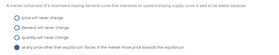 A market comprised of a downward-sloping demand curve that intersects an upward-sloping supply curve is said to be stable because:
price will never change.
demand will never change.
quantity will never change.
at any price other than equilibrium, forces in the market move price towards the equilibrium.
