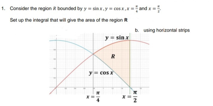 1. Consider the region R bounded by y = sin x , y = cosx,x =and x =
Set up the integral that will give the area of the region R
b. using horizontal strips
y = sin x
R
y = cos x
x =-
4
x ==
2
