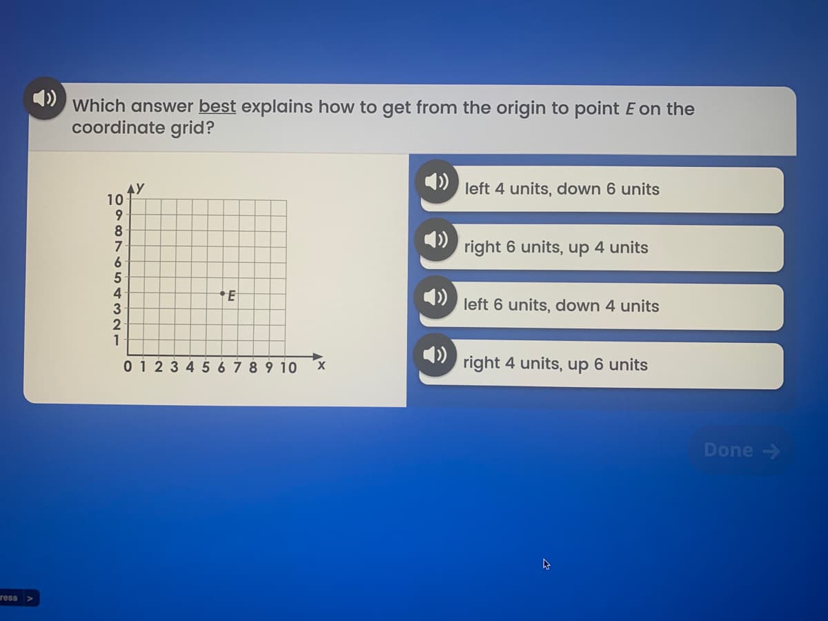 Which answer best explains how to get from the origin to point E on the
coordinate grid?
AY
left 4 units, down 6 units
right 6 units, up 4 units
)
left 6 units, down 4 units
0123 4 56789 10
4)
right 4 units, up 6 units
Done ->
ress
3607 6543 21
