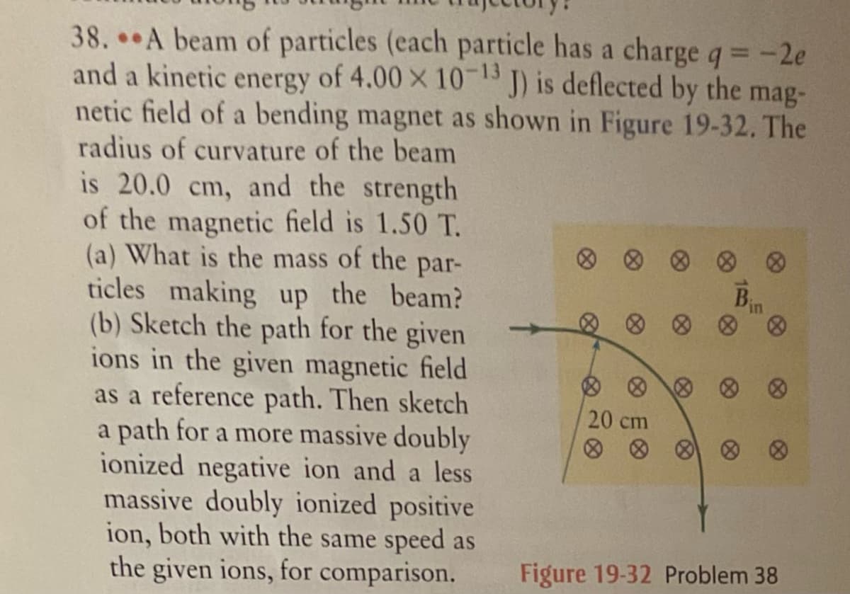 38. A beam of particles (each particle has a charge q= -2e
and a kinetic energy of 4.00 X 10-13
netic field of a bending magnet as shown in Figure 19-32. The
radius of curvature of the beam
is 20.0 cm, and the strength
of the magnetic field is 1.50 T.
(a) What is the mass of the
ticles making up the beam?
(b) Sketch the path for the given
ions in the given magnetic field
as a reference path. Then sketch
a path for a more massive doubly
ionized negative ion and a less
massive doubly ionized positive
ion, both with the same speed as
the given ions, for comparison.
) is deflected by the mag-
par-
i.
20 cm
Figure 19-32 Problem 38
(8)
(8)
