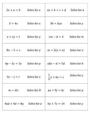 2x + a = b
Solve for x
ax + b = c+d
Solve for a
S = 4x
Solve for x
36 = byx
Solve for y
x + sy =t
Solve for y
cm - d=4
Solve for m
Bx - 5=e
Solve for y
2(x + n)
m=
Solve for n
4p - Sc = 3c
Solve for p
abx -d= 5d
Solve for b
y+ bx = c
Solve for y
3z -s =r
Solve for z
m = Dv
Solve for D
px + 9j = 6c
Solve for p
4ad + 4d = 89
Solve for a
hy + 7z = 14
Solve for y
