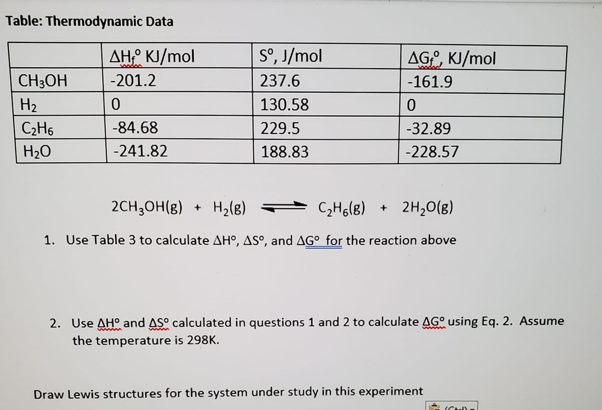Table: Thermodynamic Data
S°, J/mol
AH:° KJ/mol
| -201.2
AG, KJ/mol
CH3OH
237.6
-161.9
H2
130.58
C2H6
-84.68
229.5
-32.89
H2O
-241.82
188.83
-228.57
2CH3OH(g) + H2(8)
C2H6(8) + 2H,O(g)
1. Use Table 3 to calculate AH°, AS°, and AG° for the reaction above
2. Use AH° and AS° calculated in questions 1 and 2 to calculate AG° using Eq. 2. Assume
the temperature is 298K.
w w
Draw Lewis structures for the system under study in this experiment
