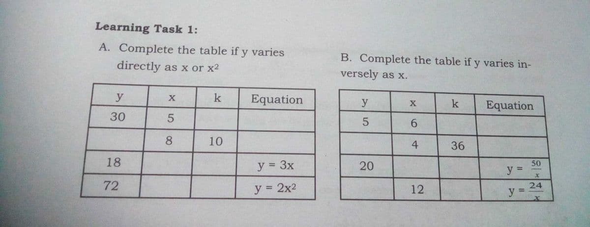 Learning Task 1:
A. Complete the table if y varies
B. Complete the table if y varies in-
directly as x or x2
versely as x.
y
k
Equation
y
k
Equation
30
8.
10
4
36
18
y = 3x
20
50
y 3D
72
y 2x2
12
24
%3D
%3D
%3D
6.
