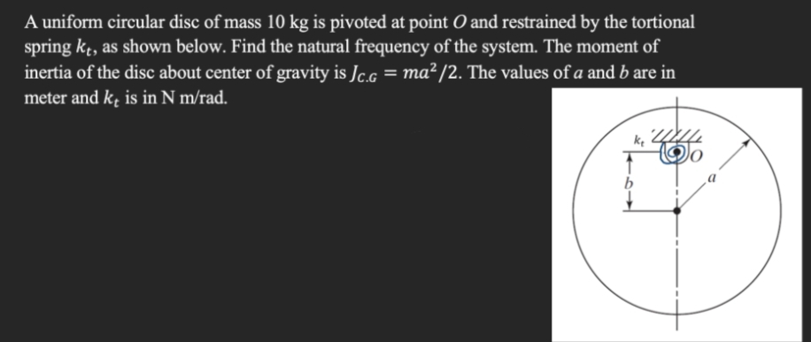 A uniform circular disc of mass 10 kg is pivoted at point O and restrained by the tortional
spring kt, as shown below. Find the natural frequency of the system. The moment of
inertia of the disc about center of gravity is Jc.g = ma² /2. The values of a and b are in
meter and k, is in N m/rad.
