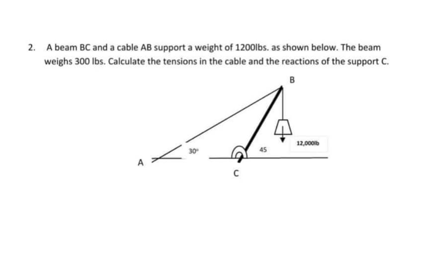 A beam BC and a cable AB support a weight of 1200lbs. as shown below. The beam
weighs 300 lbs. Calculate the tensions in the cable and the reactions of the support C.
B
12,000lb
30
45
A
