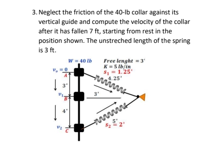 3. Neglect the friction of the 40-lb collar against its
vertical guide and compute the velocity of the collar
after it has fallen 7 ft, starting from rest in the
position shown. The unstreched length of the spring
is 3 ft.
W = 40 lb
Free lenght = 3'
K = 5 lb/in
S1 = 1.25'
4.25'
v, = 0
A
3'
3'
B
4'
S2
2'
v2
inll
