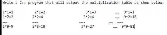 Write a C++ program that will output the multiplication table as show below:
1*1-1
2*1=2
3*1=3
9*1=1
1*2-2
2*2-4
3*2-6
9*2-18
1*9-9
2*8=18
3*9=27
9*9-81|
