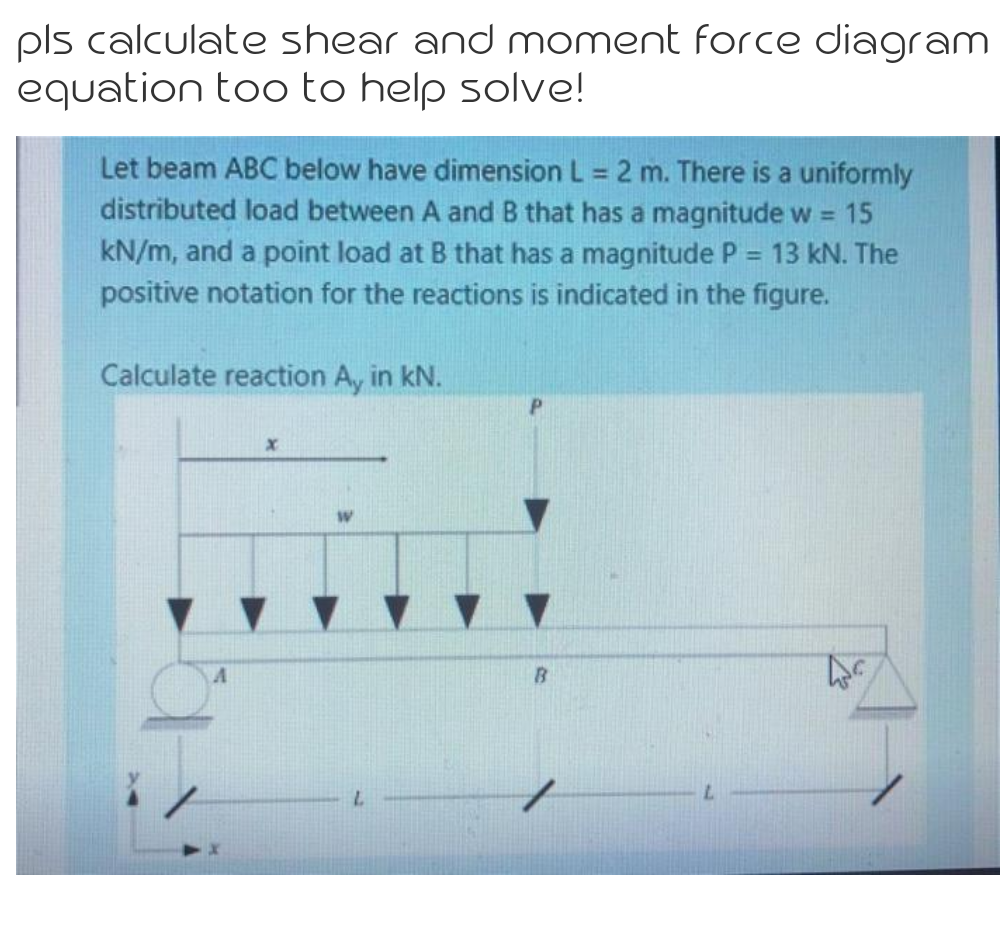 pls calculate shear and moment force diagram
equation too to help solve!
Let beam ABC below have dimension L = 2 m. There is a uniformly
distributed load between A and B that has a magnitude w = 15
kN/m, and a point load at B that has a magnitude P = 13 kN. The
positive notation for the reactions is indicated in the figure.
Calculate reaction A, in kN.
