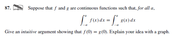 87.
Suppose that f and g are continuous functions such that, for all a,
:= | g(x)dx
Give an intuitive argument showing that f (0) = g(0). Explain your idea with a graph.
