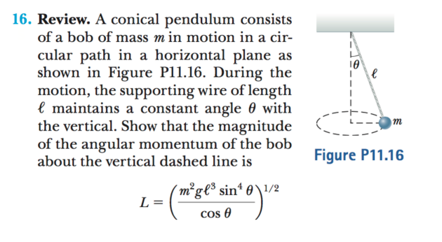 16. Review. A conical pendulum consists
of a bob of mass m in motion in a cir-
cular path in a horizontal plane as
shown in Figure P11.16. During the
motion, the supporting wire of length
l maintains a constant angle 0 with
the vertical. Show that the magnitude
of the angular momentum of the bob
about the vertical dashed line is
т
Figure P11.16
(m²g¢³ sin* 0 \1/2
Cos 0
