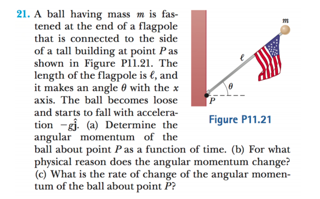 21. A ball having mass m is fas-
tened at the end of a flagpole
т
that is connected to the side
of a tall building at point P as
shown in Figure P11.21. The
length of the flagpole is l, and
it makes an angle 0 with the x
axis. The ball becomes loose
[P
and starts to fall with accelera-
tion -gj. (a) Determine the
angular momentum of the
ball about point P as a function of time. (b) For what
physical reason does the angular momentum change?
(c) What is the rate of change of the angular momen-
tum of the ball about point P?
Figure P11.21
