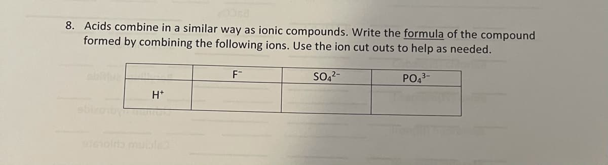 8. Acids combine in a similar way as ionic compounds. Write the formula of the compound
formed by combining the following ions. Use the ion cut outs to help as needed.
F-
SO 2-
PO43-
H*
161olrb muble
