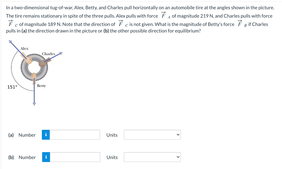 In a two-dimensional tug-of-war, Alex, Betty, and Charles pull horizontally on an automobile tire at the angles shown in the picture.
The tire remains stationary in spite of the three pulls. Alex pulls with force F A of magnitude 219 N, and Charles pulls with force
F c of magnitude 189 N. Note that the direction of F cis not given. What is the magnitude of Betty's force F B if Charles
pulls in (a) the direction drawn in the picture or (b) the other possible direction for equilibrium?
Alex
Charles
151°
Betty
(a) Number
i
Units
(b) Number
Units

