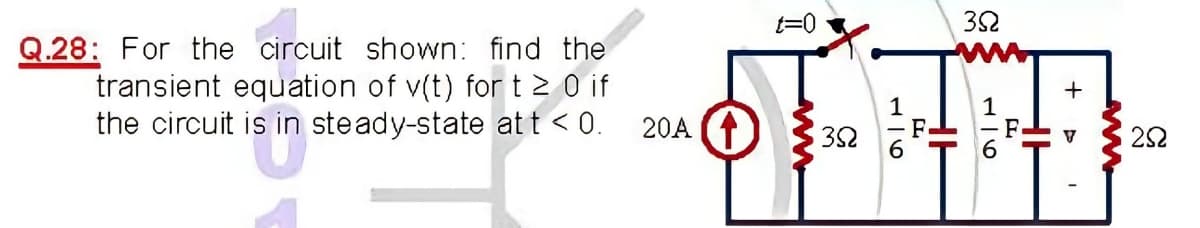 t3D0
32
Q.28: For the circuit shown: find the
transient equation of v(t) for t2 0 if
the circuit is in steady-state att < 0.
+
1
1
20A (1
32
V
22
6.
