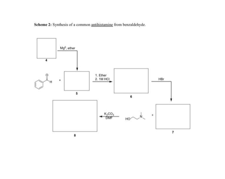 Scheme 2: Synthesis of a common antihistamine from benzaldehyde.
Mg°, ether
1. Ether
2. 1M HCI
HBr
K,Co,
DMF
но
