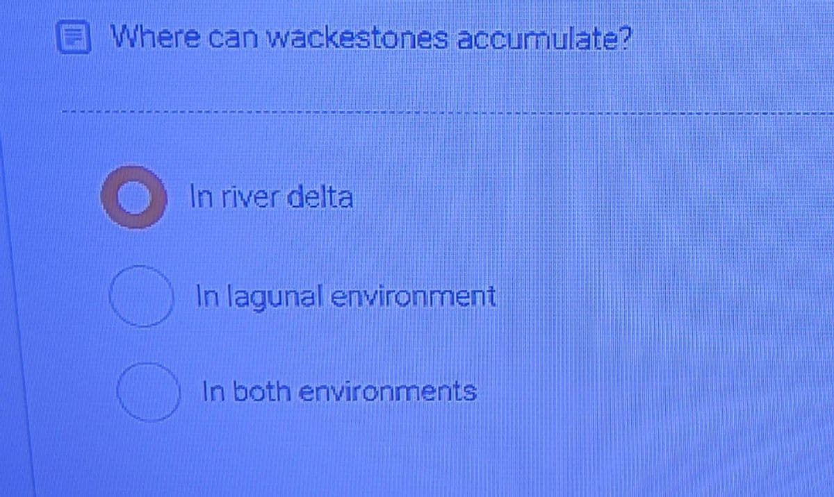 EWhere can wackestones accumulate?
In river delta
In lagunal environment
In both environments
