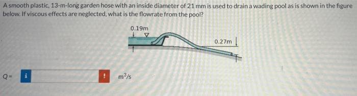 A smooth plastic, 13-m-long garden hose with an inside diameter of 21 mm is used to drain a wading pool as is shown in the figure
below. If viscous effects are neglected, what is the flowrate from the pool?
0.19m
0.27m
Q=
m/s
