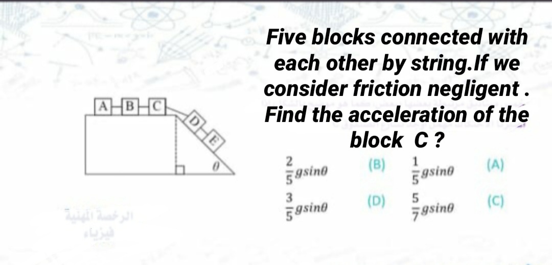 Five blocks connected with
each other by string.If we
consider friction negligent .
A-B-C.
Find the acceleration of the
block C?
(B)
5gsino
5gsino
(A)
3
(D)
79sino
G9sino
(C)
