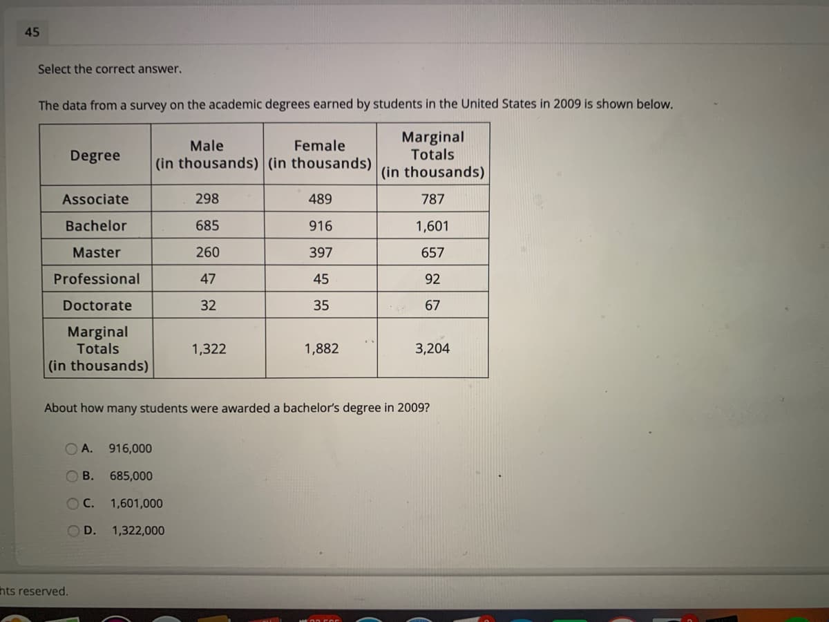 45
Select the correct answer.
The data from a survey on the academic degrees earned by students in the United States in 2009 is shown below.
Marginal
Totals
Male
Female
Degree
(in thousands) (in thousands)
(in thousands)
Associate
298
489
787
Bachelor
685
916
1,601
Master
260
397
657
Professional
47
45
92
Doctorate
32
35
67
Marginal
Totals
1,322
1,882
3,204
(in thousands)
About how many students were awarded a bachelor's degree in 2009?
O A.
916,000
OB. 685,000
1,601,000
OD.
1,322,000
hts reserved.
