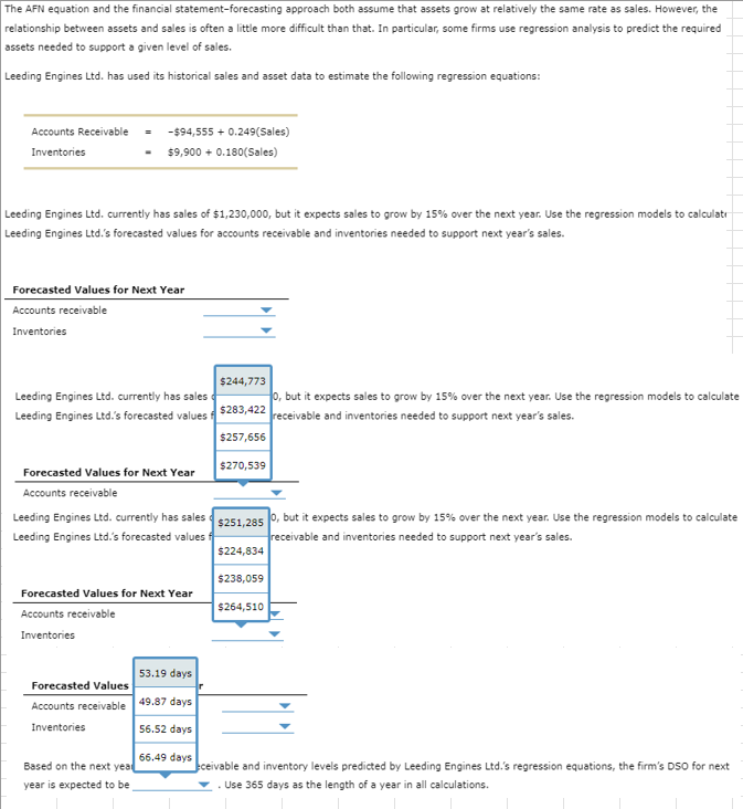 The AFN equation and the financial statement-forecasting approach both assume that assets grow at relatively the same rate as sales. However, the
relationship between assets and sales is often a little more difficult than that. In particular, some firms use regression analysis to predict the required
assets needed to support a given level of sales.
Leeding Engines Ltd. has used its historical sales and asset data to estimate the following regression equations:
Accounts Receivable
Inventories
-$94,555 +0.249(Sales)
$9,900+ 0.180(Sales)
Leeding Engines Ltd. currently has sales of $1,230,000, but it expects sales to grow by 15% over the next year. Use the regression models to calculati
Leeding Engines Ltd.'s forecasted values for accounts receivable and inventories needed to support next year's sales.
Forecasted Values for Next Year
Accounts receivable
Inventories
Leeding Engines Ltd. currently has sales
Leeding Engines Ltd.'s forecasted values
Forecasted Values for Next Year
Accounts receivable
Forecasted Values for Next Year
Accounts receivable
Inventories
Leeding Engines Ltd. currently has sales $251,285 0, but it expects sales to grow by 15% over the next year. Use the regression models to calculate
Leeding Engines Ltd.'s forecasted values
receivable and inventories needed to support next year's sales.
53.19 days
Forecasted Values
Accounts receivable 49.87 days
Inventories
56.52 days
66.49 days
Based on the next yea
year is expected to be
$244,773
0, but it expects sales to grow by 15% over the next year. Use the regression models to calculate
$283,422 receivable and inventories needed to support next year's sales.
$257,656
$270,539
$224,834
$238,059
$264,510
eceivable and inventory levels predicted by Leeding Engines Ltd.'s regression equations, the firm's DSO for next
. Use 365 days as the length of a year in all calculations.