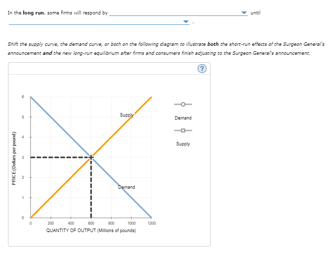 In the long run, some firms will respond by
Shift the supply curve, the demand curve, or both on the following diagram to illustrate both the short-run effects of the Surgeon General's
announcement and the new long-run equilibrium after firms and consumers finish adjusting to the Surgeon General's announcement.
?
PRICE(Dollars per pound)
3
N
0
0
Suppl
Demand
200
400
800
1000
QUANTITY OF OUTPUT (Millions of pounds)
1200
Demand
until
Supply