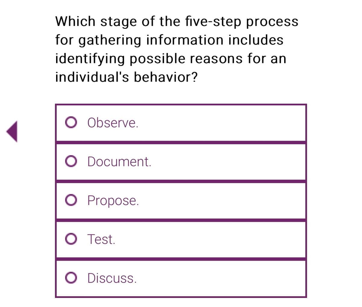 Which stage of the five-step process
for gathering information includes
identifying possible reasons for an
individual's behavior?
O Observe.
O Document.
O Propose.
O Test.
O Discuss.