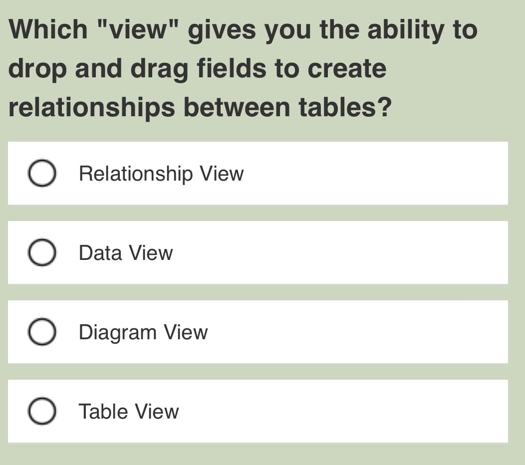 Which "view" gives you the ability to
drop and drag fields to create
relationships between tables?
O Relationship View
O Data View
O Diagram View
Table View