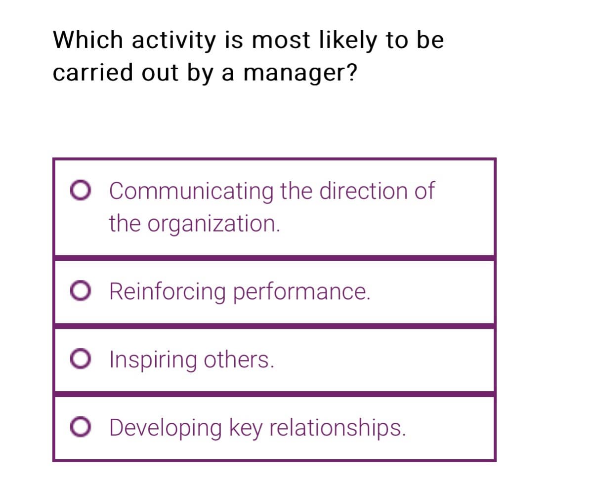 Which activity is most likely to be
carried out by a manager?
O Communicating the direction of
the organization.
O Reinforcing performance.
O Inspiring others.
Developing key relationships.