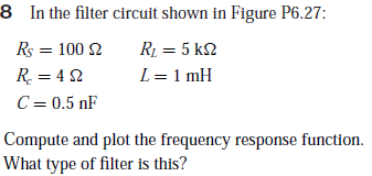 8 In the filter circuit shown in Figure P6.27:
Rs = 100 2
R1 = 5 k2
R. = 4 2
C = 0.5 nF
L= 1 mH
Compute and plot the frequency response function.
What type of filter is this?
