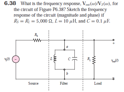 6.38 What is the frequency response, Vout ()/Ns(@), for
the circuit of Figure P6.38? Sketch the frequency
response of the circuit (magnitude and phase) if
Rs = R1 = 5,000 2, L= 10 µH, and C = 0.1 µF.
Rs
ww
R,
Source
Filter
Load
ele
