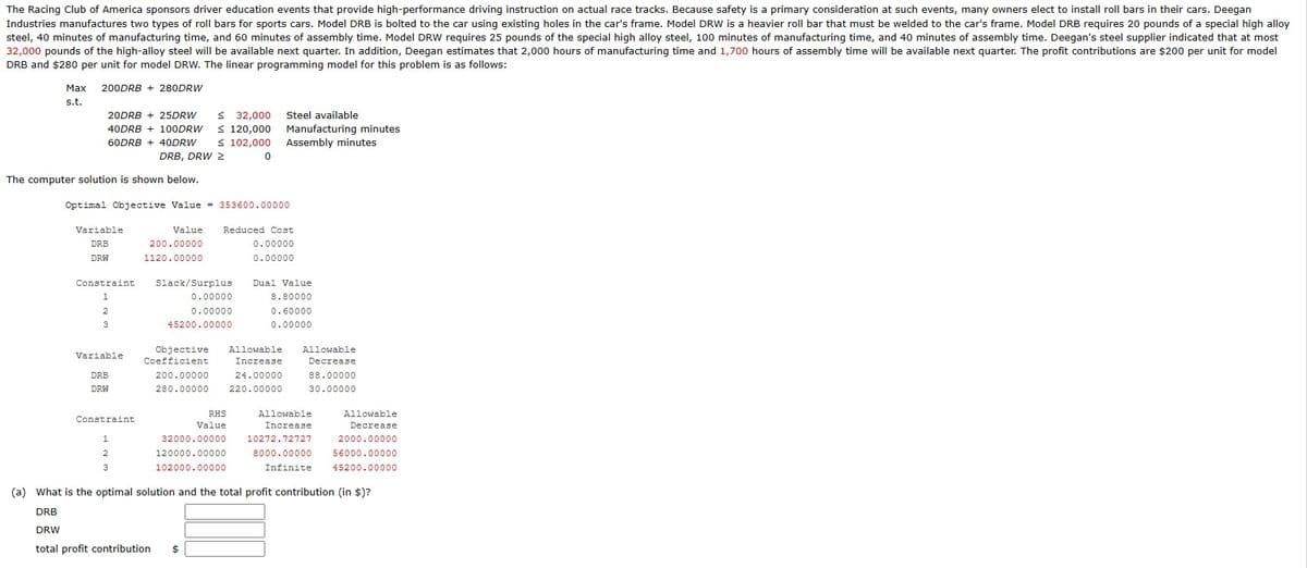 The Racing Club of America sponsors driver education events that provide high-performance driving instruction on actual race tracks. Because safety is a primary consideration at such events, many owners elect to install roll bars in their cars. Deegan
Industries manufactures two types of roll bars for sports cars. Model DRB is bolted to the car using existing holes in the car's frame. Model DRW is a heavier roll bar that must be welded to the car's frame. Model DRB requires 20 pounds of a special high alloy
steel, 40 minutes of manufacturing time, and 60 minutes of assembly time. Model DRW requires 25 pounds of the special high alloy steel, 100 minutes of manufacturing time, and 40 minutes of assembly time. Deegan's steel supplier indicated that at most
32,000 pounds of the high-alloy steel will be available next quarter. In addition, Deegan estimates that 2,000 hours of manufacturing time and 1,700 hours of assembly time will be available next quarter. The profit contributions are $200 per unit for model
DRB and $280 per unit for model DRW. The linear programming model for this problem is as follows:
200DRB + 280DRW
Max
s.t.
20DRB + 25DRW
40DRB + 100DRW
60DRB + 40DRW
The computer solution is shown below.
Variable
DRB
DRW
Constraint
1
2
Optimal Objective Value = 353600.00000
3
Variable
DRB
DRW
Constraint
DRB, DRW 2
1
2
3
≤ 32,000
≤ 120,000
≤ 102,000
200.00000
1120.00000
Value Reduced Cost
0.00000
0.00000
Slack/Surplus
0.00000
0.00000
45200.00000
0
Steel available
Manufacturing minutes
Assembly minutes
RHS
Value
32000.00000
120000.00000
102000.00000
Objective Allowable Allowable
Decrease
Coefficient
200.00000
280.00000
Increase
24.00000
220.00000
88.00000
30.00000
Dual Value
8.80000
0.60000
0.00000
Allowable
Decrease
10272.72727
2000.00000
8000.00000 56000.00000
45200.00000
Infinite
Allowable
Increase
(a) What is the optimal solution and the total profit contribution (in $)?
DRB
DRW
total profit contribution $