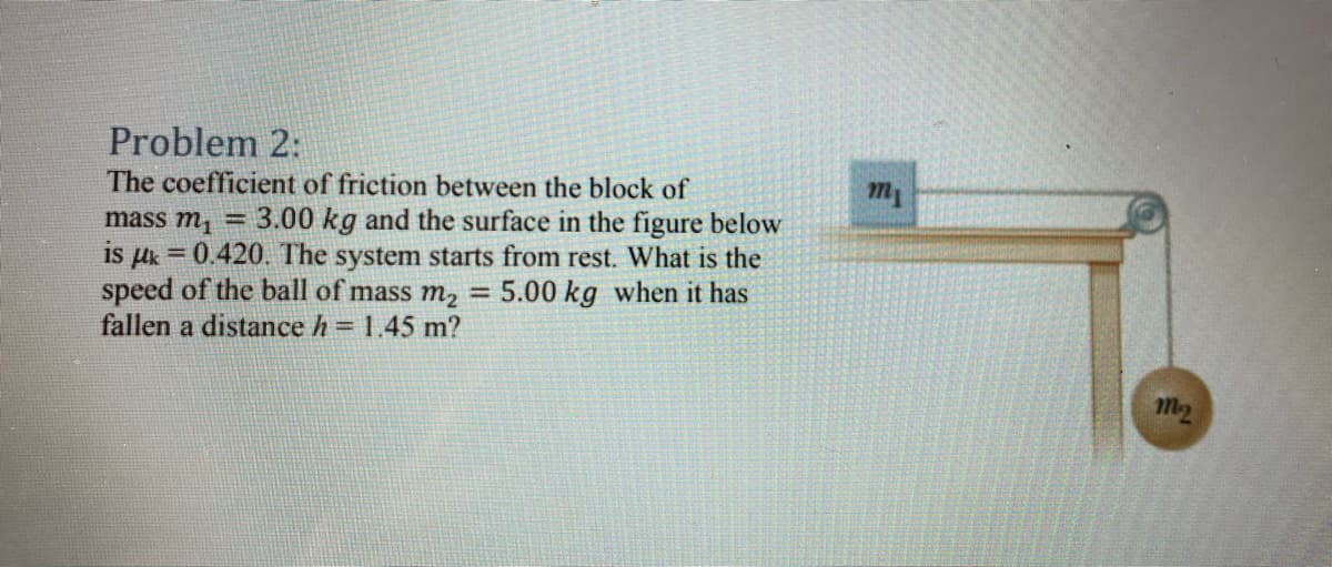 Problem 2:
The coefficient of friction between the block of
mass m, = 3.00 kg and the surface in the figure below
is uk = 0.420. The system starts from rest. What is the
speed of the ball of mass m, = 5.00 kg when it has
fallen a distance h = 1.45 m?
m1
m2
