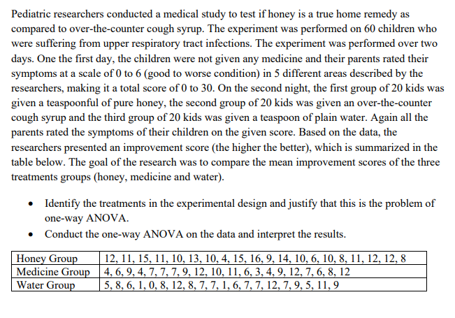 Pediatric researchers conducted a medical study to test if honey is a true home remedy as
compared to over-the-counter cough syrup. The experiment was performed on 60 children who
were suffering from upper respiratory tract infections. The experiment was performed over two
days. One the first day, the children were not given any medicine and their parents rated their
symptoms at a scale of 0 to 6 (good to worse condition) in 5 different areas described by the
researchers, making it a total score of 0 to 30. On the second night, the first group of 20 kids was
given a teaspoonful of pure honey, the second group of 20 kids was given an over-the-counter
cough syrup and the third group of 20 kids was given a teaspoon of plain water. Again all the
parents rated the symptoms of their children on the given score. Based on the data, the
researchers presented an improvement score (the higher the better), which is summarized in the
table below. The goal of the research was to compare the mean improvement scores of the three
treatments groups (honey, medicine and water).
• Identify the treatments in the experimental design and justify that this is the problem of
one-way ANOVA.
• Conduct the one-way ANOVA on the data and interpret the results.
Honey Group
Medicine Group 4, 6, 9, 4, 7, 7, 7, 9, 12, 10, 11, 6, 3, 4, 9, 12, 7, 6, 8, 12
Water Group
12, 11, 15, 11, 10, 13, 10, 4, 15, 16, 9, 14, 10, 6, 10, 8, 11, 12, 12, 8
5, 8, 6, 1, 0, 8, 12, 8, 7, 7, 1, 6, 7, 7, 12, 7, 9, 5, 11, 9
