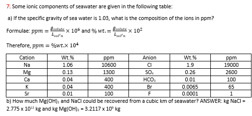 b) How much Mg(OH), and NaCl could be recovered from a cubic km of seawater? ANSWER: kg Nacl =
2.775 x 10" kg and kg Mg(OH), -3.2117 x 10° kg
