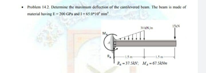 Problem 14.2. Determine the maximum deflection of the cantilevered beam. The beam is made of
material having E = 200 GPa and I = 65.0*10° mm.
30 kN/m
1ŞKN
M.
RA
-1.5m
R-37.5kN; M-67.5kNm
1.5m-
