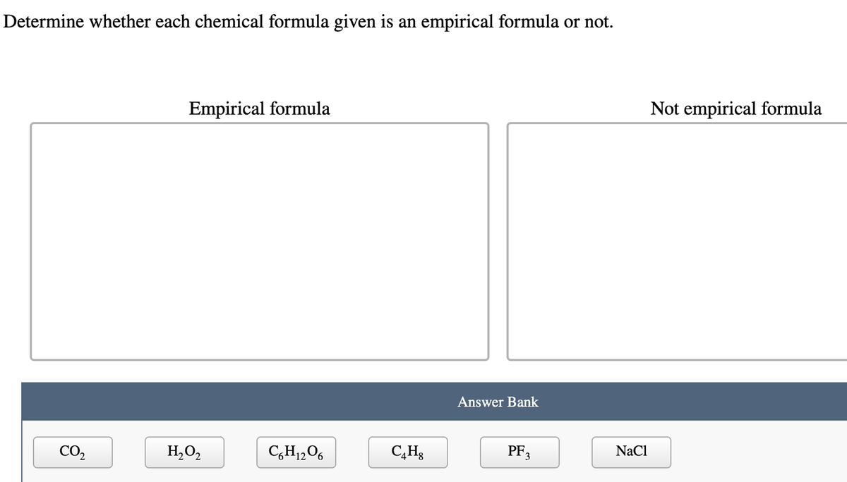 Determine whether each chemical formula given is an empirical formula or not.
Empirical formula
Not empirical formula
Answer Bank
CO,
H,O,
C,H12O6
PF3
NaCl
