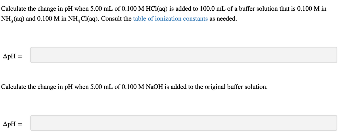 Calculate the change in pH when 5.00 mL of 0.100 M HC1(aq) is added to 100.0 mL of a buffer solution that is 0.100 M in
NH, (aq) and 0.100 M in NH,Cl(aq). Consult the table of ionization constants as needed.
4
ApH
Calculate the change in pH when 5.00 mL of 0.100 M NaOH is added to the original buffer solution.
ApH
