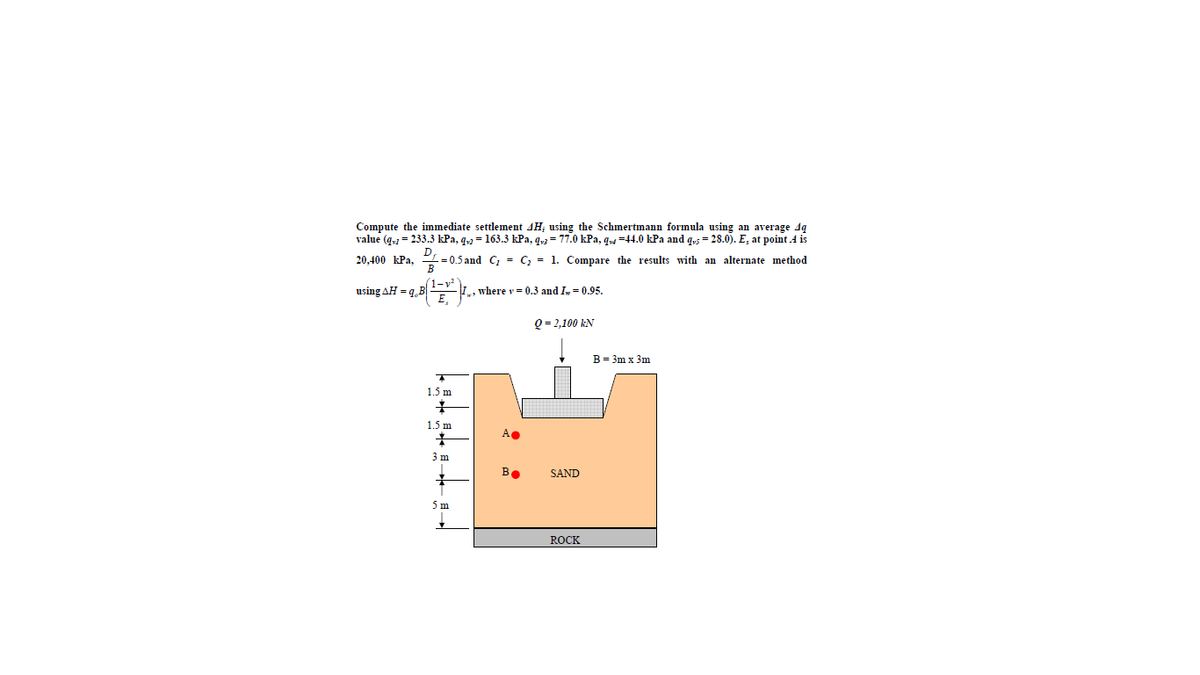 Compute the immediate settlement 4H; using the Schmertmann formula using an average dq
value (g,2 = 233.3 kPa, q,2 = 163.3 kPa, q = 77.0 kPa, q =44.0 kPa and q,5 = 28.0). E, at point A is
20.400 kPa,
L= 0.5 and C, = C, = 1. Compare the results with an alternate method
(1-v²
E,
using AH = q,5
where v= 0.3 and I, = 0.95.
Q = 2,100 kN
B= 3m x 3m
1.5 m
1.5 m
A.
3 m
B.
SAND
5m
ROCK
