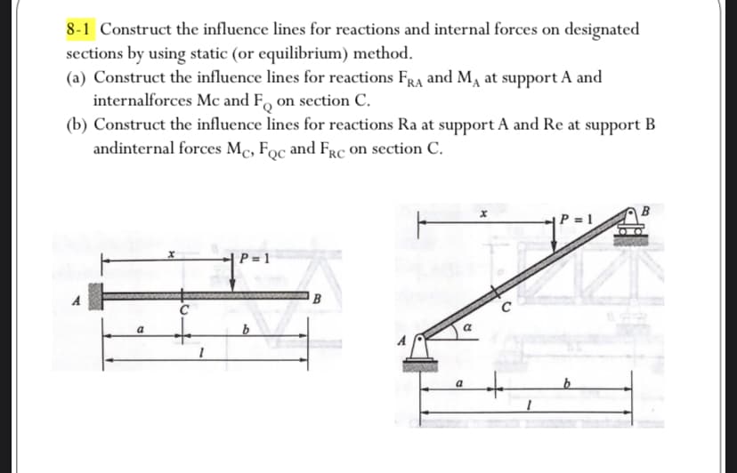 8-1 Construct the influence lines for reactions and internal forces on designated
sections by using static (or equilibrium) method.
(a) Construct the influence lines for reactions FRA and MA at support A and
internalforces Mc and Fo on section C.
(b) Construct the influence lines for reactions Ra at support A and Re at support B
andinternal forces Mc, Foc and FRc on section C.
ㅏㅏ
a
1
P=1
b
B
a
a
с
P=1