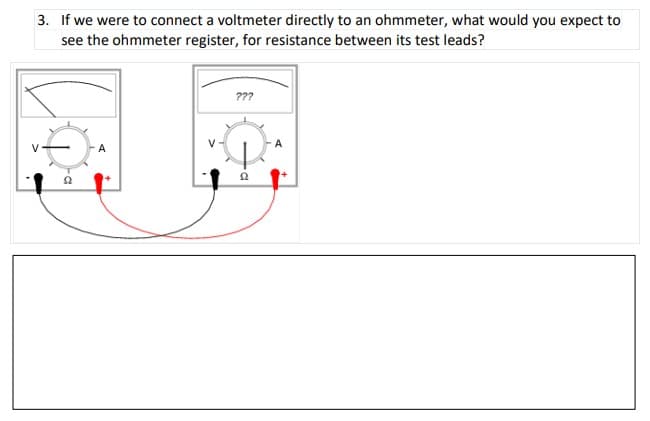 3. If we were to connect a voltmeter directly to an ohmmeter, what would you expect to
see the ohmmeter register, for resistance between its test leads?
???
V
A
A
