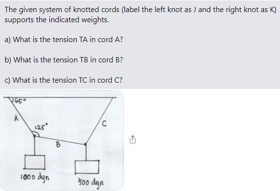 The given system of knotted cords (label the left knot as J and the right knot as K)
supports the indicated weights.
a) What is the tension TA in cord A?
b) What is the tension TB in cord B?
c) What is the tension TC in cord C?
P65°
A
C
125°
1000 dyn
500 dyn
✩