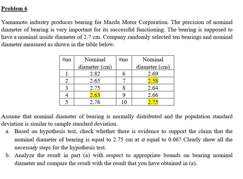 Problem 6
Yamamoto industry produces bearing for Mazda Motor Corporation. The precision of nominal
diameter of bearing is very important for its successful functioning. The bearing is supposed to
have a nominal inside diameter of 2.7 cm. Company randomly selected ten bearings and nominal
diameter measured as shown in the table below.
#no
Nominal
#no
Nominal
diameter (cm)
diameter (cm)
1
2.82
2.69
2
2.65
7
2.58
3
2.75
8
2.64
4
2.63
2.66
2.76
10
2.75
Assume that nominal diameter of bearing is normally distributed and the population standard
deviation is similar to sample standard deviation.
a. Based on hypothesis test, check whether there is evidence to support the claim that the
nominal diameter of bearing is equal to 2.75 cm at a equal to 0.06? Clearly show all the
necessary steps for the hypothesis test.
b. Analyze the result in part (a) with respect to appropriate bounds on bearing nominal
diameter and compare the result with the result that you have obtained in (a).
